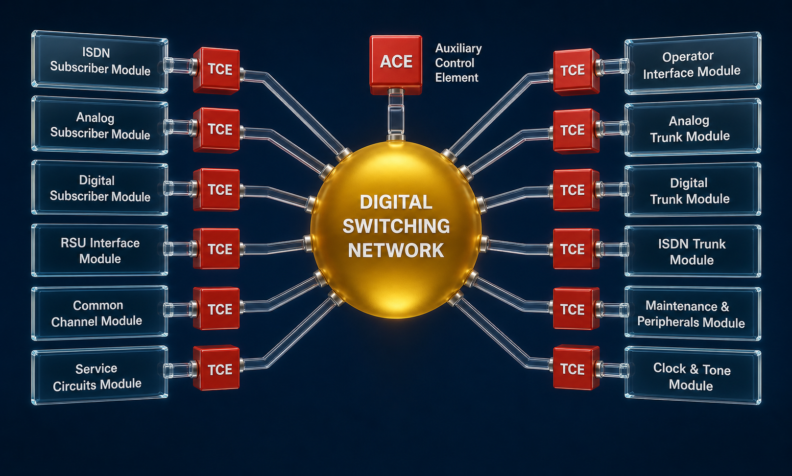 Dreidimensionale SYSTEM12-Modularchitektur: Ein zentrales Digital Switching Network verbindet eine ACE sowie zwölf TCEs mit ihren Teilnehmer-, Leitungs- und Funktionsmodulen.